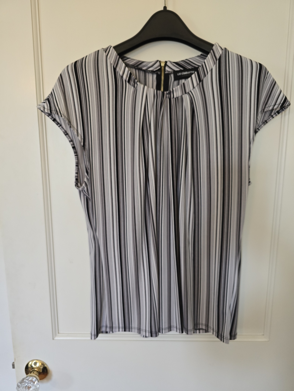 Liz Claiborne Black and White Vertical Stripe Cap-Sleeve Blouse